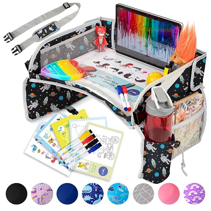 PILLANI Kids Travel Tray for Car - Car Seat Tray for Toddler, Roadtrip Essentials, Carseat Table Tray for Kids Road Trip Activities - Toddler Lap Desk Organizer for Airplane w/Dry Erase Surface