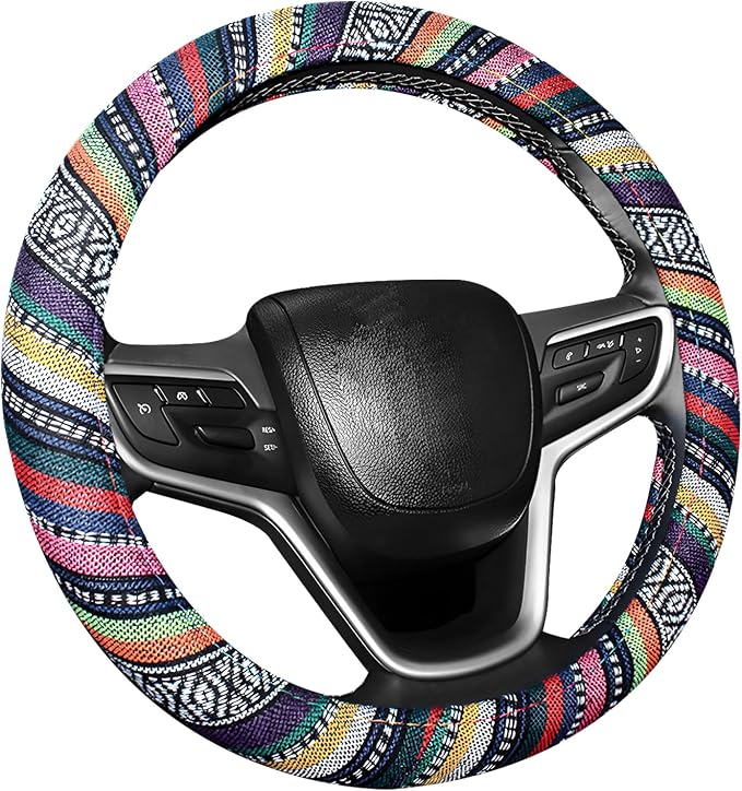 Boho Car Steering Wheel Cover, Ethnic Style Anti-Slip Coarse Flax Cloth Auto Wheel Cover, Bohemian Steering Wheel Protector for Most SUVs Vans Trucks, Car Accessories (Style B)