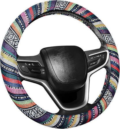 Boho Car Steering Wheel Cover, Ethnic Style Anti-Slip Coarse Flax Cloth Auto Wheel Cover, Bohemian Steering Wheel Protector for Most SUVs Vans Trucks, Car Accessories (Style B)