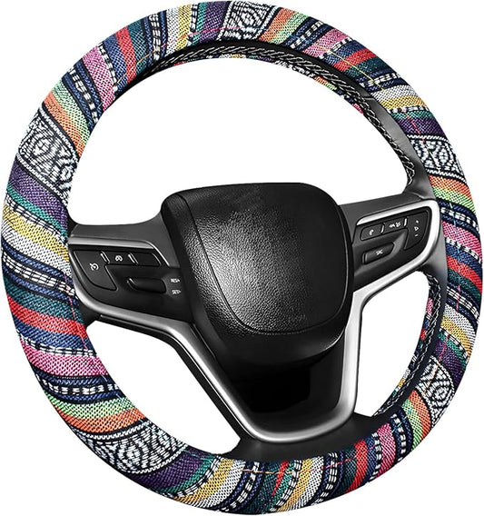 Boho Car Steering Wheel Cover, Ethnic Style Anti-Slip Coarse Flax Cloth Auto Wheel Cover, Bohemian Steering Wheel Protector for Most SUVs Vans Trucks, Car Accessories (Style B)