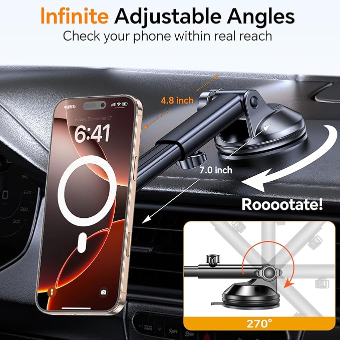 Coolpow for MagSafe Car Mount【Windshield+Vent+Dash】Magnetic Phone Holder for Car Phone Holder Mount Cell Phone Holders for Your Car Accessories Suction Phone Mount for Car Truck Stand for iPhone 17 16