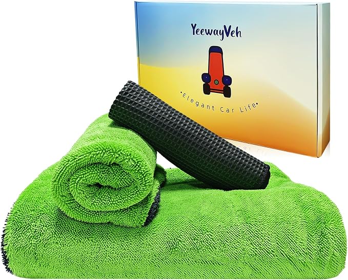 YeewayVeh Complete Drying Towel Set, 3-Pack Microfiber Towels (28"x36" & 16"x16" Drying & Waffle Weave), 1400 GSM Ultra Absorbent, Streak-Free Car Detailing Towels for Bulk Water, Final Polish & Glass