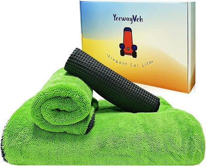 YeewayVeh Complete Drying Towel Set, 3-Pack Microfiber Towels (28"x36" & 16"x16" Drying & Waffle Weave), 1400 GSM Ultra Absorbent, Streak-Free Car Detailing Towels for Bulk Water, Final Polish & Glass