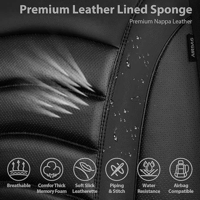 CAR PASS 3D Foam PU Leather Car Seat Covers, Universal Seat Covers Front 2 for Trucks SUV Sedan Automotive Seat Covers Armrest Airbag Compatible Waterproof Comfortable Faux Nappa Leather All Black