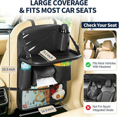 2 Pack Backseat Car Organizer with Foldable Tray Table, PU Leather Seat Back Organizer with Tablet Holder, Large Storage Pockets, Waterproof Kick Mat & Seat Back Protector for Cars, SUVs & Minivans