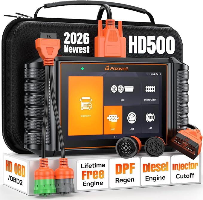 FOXWELL Heavy Duty Truck Scanner - HD500 Diesel Scaner Diagnostic Tool with DPF Regeneration/Injector Cutoff, fit for Cummins, Detroit, Caterpillar, Paccar, Hino, Lifetime Free Update, Orange