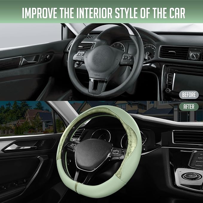 PIC AUTO Steering Wheel Cover, Green Patterned Leather Patchwork Design, Universal Fit 14.5"–15.5" D-Shape Steering Cover, Soft PU Grain Leather, Durable Grip Car Accessory for Girls & Women