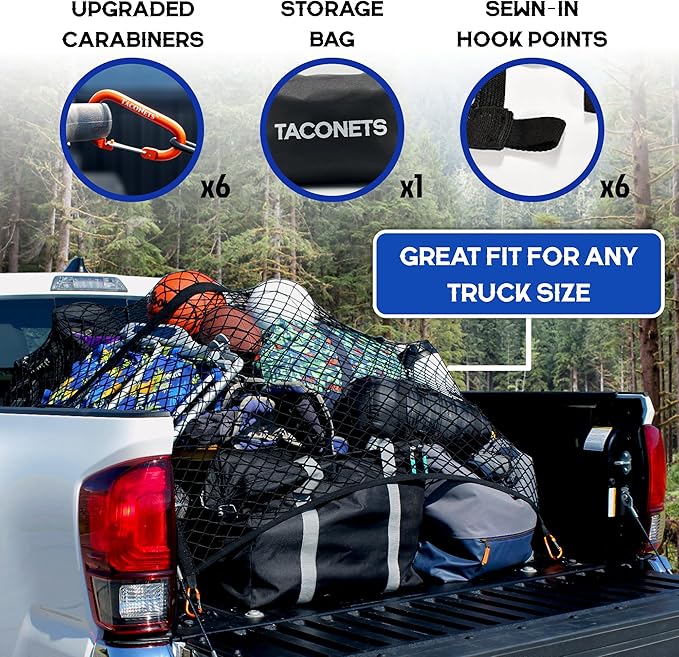 TacoNets Upgraded Highly Elastic Cargo Net, USA Company, Simple Truck Bed Cargo Mesh Organizer, Suitable for Light Loads, Heavy Duty Carabiners, 4'x4'