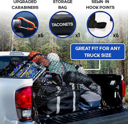 TacoNets Upgraded Highly Elastic Cargo Net, USA Company, Simple Truck Bed Cargo Mesh Organizer, Suitable for Light Loads, Heavy Duty Carabiners, 4'x4'