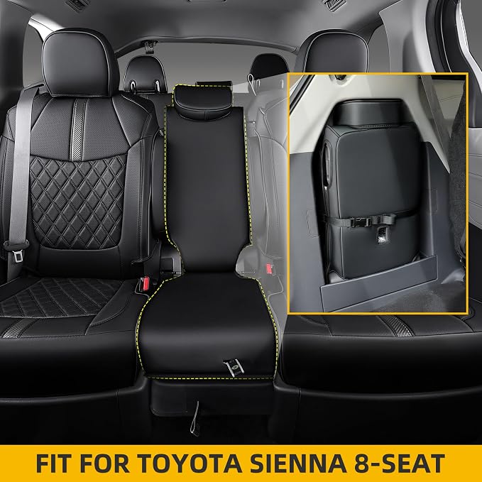 Custom Fit Sienna Seat Covers for 2021-2026 Toyota Sienna LE XLE 8-Passenger, Waterproof Faux Leather Full Set Airbag Compatible 3-Row Car Seat Protectors (Black)