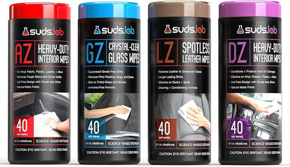 Suds Lab Car Wipes Interior Cleaning Bundle - Pack of 4 All-Purpose Cleaner Protectant, Leather Cleaner, and Glass Cleaner Automotive Care, 160 Wipes