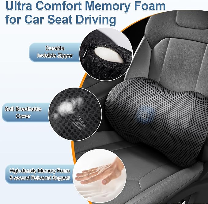 Lumbar Support Pillow for Car, Ergonomic Back Cushion with Strap, Memory Foam Lower Back Support Cushion for Driving, Lumbar Pillow for Pain Relief, for Office Chair, Long Sitting (Black 4D Mesh)