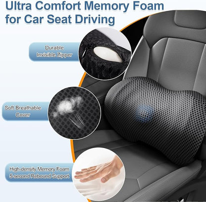 Lumbar Support Pillow for Car, Ergonomic Back Cushion with Strap, Memory Foam Lower Back Support Cushion for Driving, Lumbar Pillow for Pain Relief, for Office Chair, Long Sitting (Black 4D Mesh)
