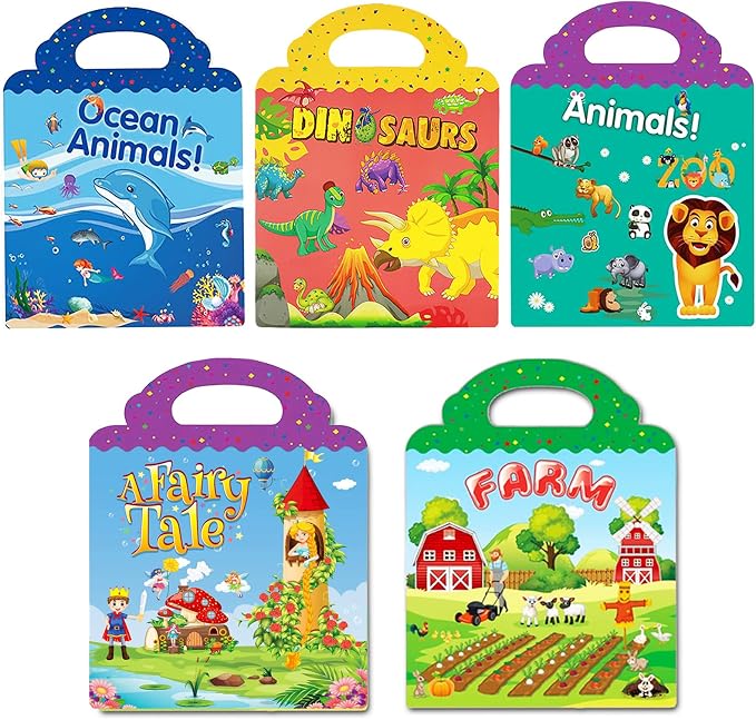 Reusable Sticker Book for Kids, 5 Sets Educational Learning Toys Travel Stickers Activity Books for Toddler Girls Boys Age 3+ Birthday Gifts - Fairy, Ocean, Farm, Dinosaur & Animals