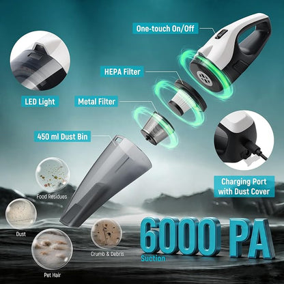 Handheld Vacuum Cordless, 6000Pa Strong Suction for Car Seats & Pet Hair, with USB and 5 m Car Charger, Portable with LED Light for Home Office, Lightweight