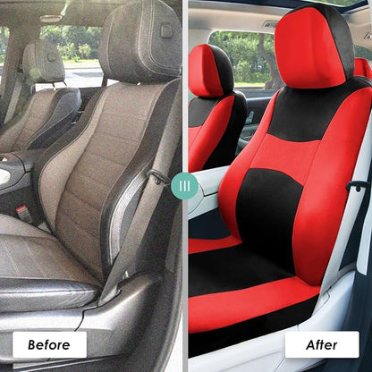 FH Group Car Seat Covers Combo Full Set with Carpet Floor mats Steering Wheel Cover and Seat Belt Pads- Universal Fit for Cars Trucks and SUVs Red