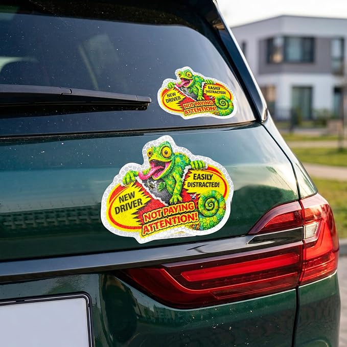 3 Pcs Reflective Student Driver Magnet and Stickers Set - Funny Animal New Driver Safety Signs for Car, Waterproof & Weatherproof High Visibility Vehicle Bumper Decals, Magnet + Stickers (Chameleon)