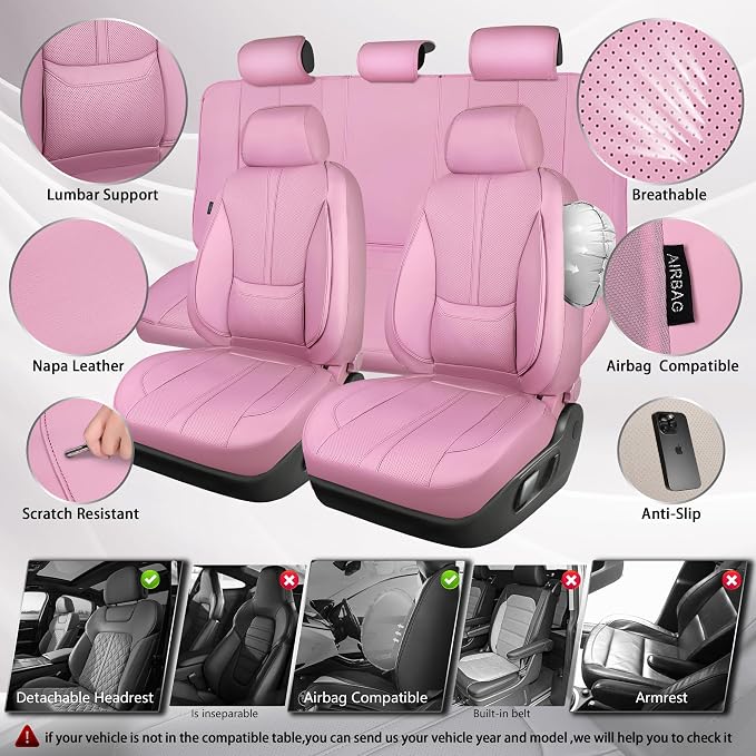 CAR PASS Pink Leather Seat Covers Full Set, Water Resistant 3D Foam Faux Leather Seat Cover, Luxury Comfort Automotive 5 Seat Covers Cute for Women Girly, Universal Fit SUV, Vans, Trucks, All Pink