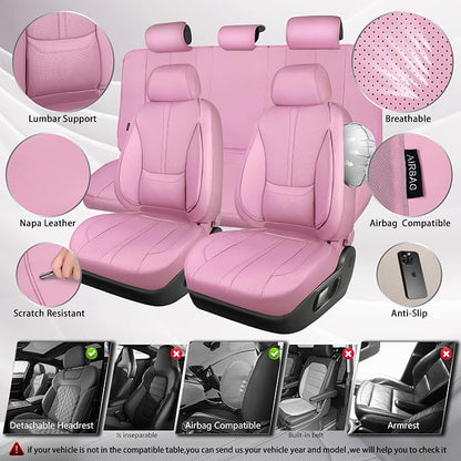 CAR PASS Pink Leather Seat Covers Full Set, Water Resistant 3D Foam Faux Leather Seat Cover, Luxury Comfort Automotive 5 Seat Covers Cute for Women Girly, Universal Fit SUV, Vans, Trucks, All Pink