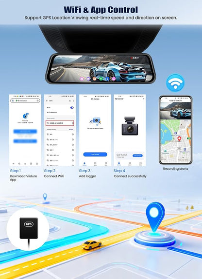 4K Mirror Dash Cam, Front and Rear View Mirror Dual Cameras for Cars with 64G Card GPS BSD 9.66 inch HD Rear View Mirror WiFi App Control Night Vision G Sensor Loop Recording Parking Monitoring
