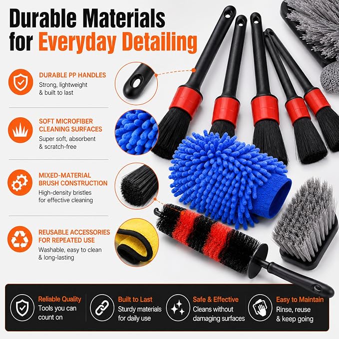 18-Piece Car Detailing Kit – Complete Car Interior Detailing Kit and Exterior Cleaning Set with Detail Brushes, Wire Brushes, Waxing Mop, and Microfiber Accessories for Vehicles