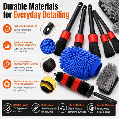 18-Piece Car Detailing Kit – Complete Car Interior Detailing Kit and Exterior Cleaning Set with Detail Brushes, Wire Brushes, Waxing Mop, and Microfiber Accessories for Vehicles