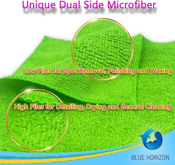 Blue Horizon Microfiber Cleaning Towels, Pack of 24, Ultra Soft Plush Washcloth, All Purpose Premium Microfiber Detailing Cleaning Cloths Reusable Shop Towels (16" x 16", Green)