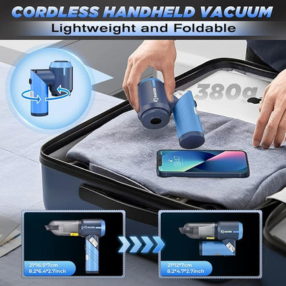 Saker Portable Car Vacuum Cleaner Cordless High Power 17000PA 3 in 1 Foldable Handheld Vacuum Cordless with Brushless Motor for Inflation,Dust Blowing,Home Car Cleaning HL132 Blue