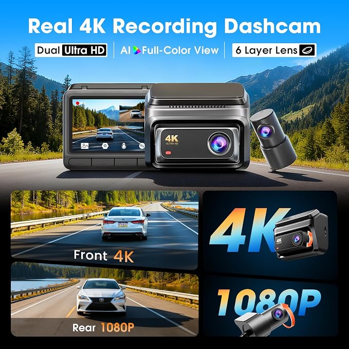 DDPAI 4K Dash Cam Front and Rear,Built-in 32G eMMC Dual Dash Car Camera,64GB Card Included Dashcam,Night Vision Dash Camera,5GHz WiFi,7 Days Parking Mode,GPS,3" IPS,ADAS,WDR,Support 512GB,Z60