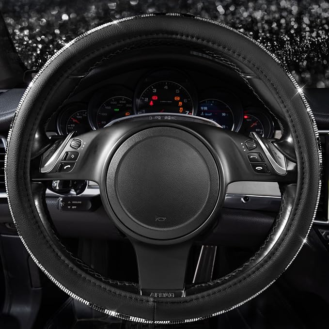 CAR PASS Bling Cow Print Diamond Steering Wheel Cover, with Sparkly Crystal Glitter Rhinestones Black Leather Car Wheel Protect for Women Girl Fit Suvs,Vans,Sedans,Cars,Trucks, 14" 1/2-15" Cow Design