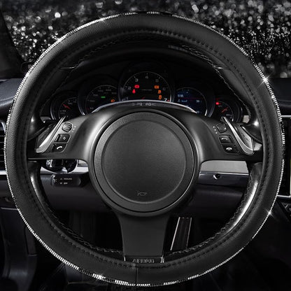 CAR PASS Bling Cow Print Diamond Steering Wheel Cover, with Sparkly Crystal Glitter Rhinestones Black Leather Car Wheel Protect for Women Girl Fit Suvs,Vans,Sedans,Cars,Trucks, 14" 1/2-15" Cow Design