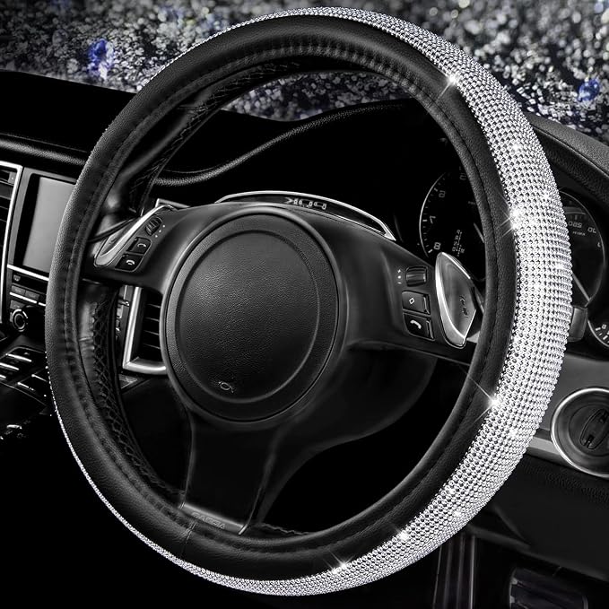 CAR PASS Bling Silver Diamond Leather Steering Wheel Cover, with Sparkly Crystal Glitter Rhinestone Universal Fit 13" 1/2-14" Small Car Wheel Protector for Women Girl Fit Car,SUV,Van,Sedan, Silver