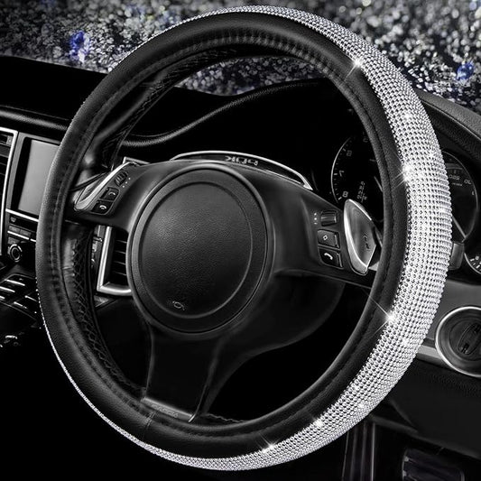 CAR PASS Bling Silver Diamond Leather Steering Wheel Cover, with Sparkly Crystal Glitter Rhinestone Universal Fit 13" 1/2-14" Small Car Wheel Protector for Women Girl Fit Car,SUV,Van,Sedan, Silver