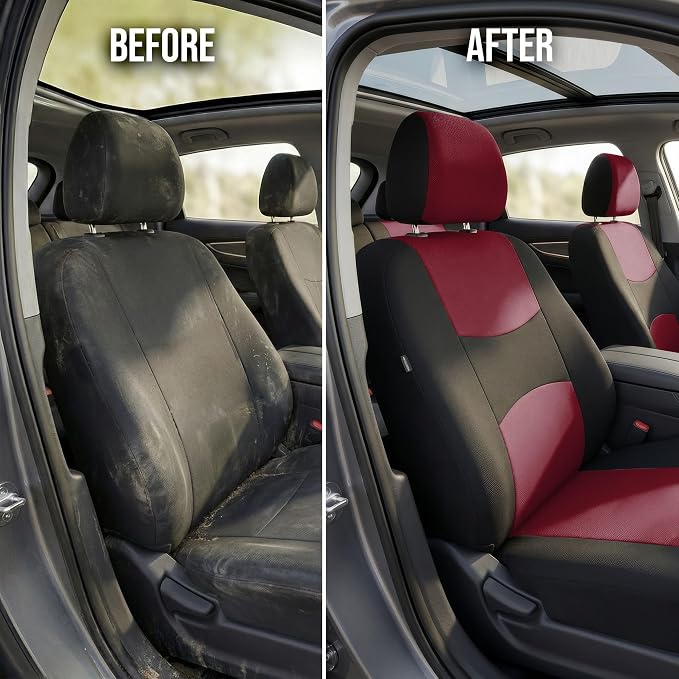 FH Group Bright Flat Cloth Full Set Car Seat Covers, Burgundy/Black- Fit Most Car, Truck, SUV, or Van