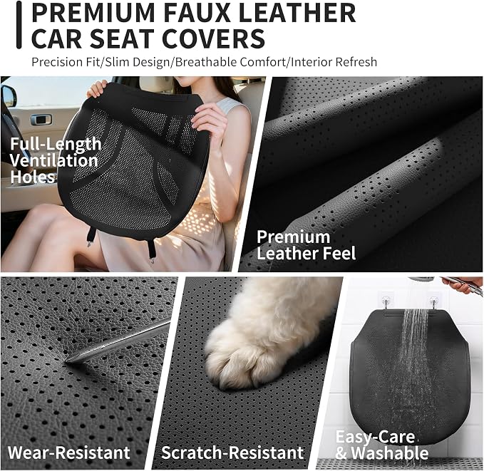 2 Pack Front Leatherette Seat Covers Faux Leather Bottom Car Seat Covers, Super Breathable,Anti-Slip,Universal Seat Covers for Cars,Full Wrapping Edge Fit for Most Sedans SUV Pick-up (2 Pack Black)