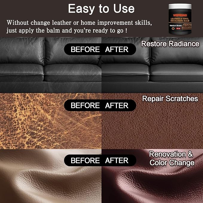 Leather Recoloring Balm & Color Restorer - 10OZ Multipurpose Dye & Paint for Faded Leather Couches, Car Seats, Shoes | Fix Scratches on Clothing, Furniture & Accessories(Medium Brown)