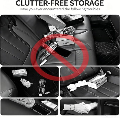 4-in-1 Back Seat Car Organizer, Adjustable Hooks, Universal Fit with Cup Holder, Tissue Box & Storage. For Travel, Stores Phone, Snacks, Drinks, Handbags, Keeps Car Neat & Space-Saving (Brown)