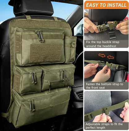 Tactical Seat Back Organizer Heavy Duty MOLLE Panel Organizer with Multiple Pockets & Hook Loop Panel for Road Trip Essentials, Universal Fit for Car SUV Truck Jeep (Army Green)