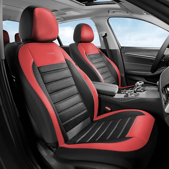 Coverado Car Seat Covers Front Seats, Luxury Leather Car Seat Covers, Automotive Mesh Seat Covers 2 Pack, Airbag-Compatible, Black Red Seat Covers for SUV Sedan Truck