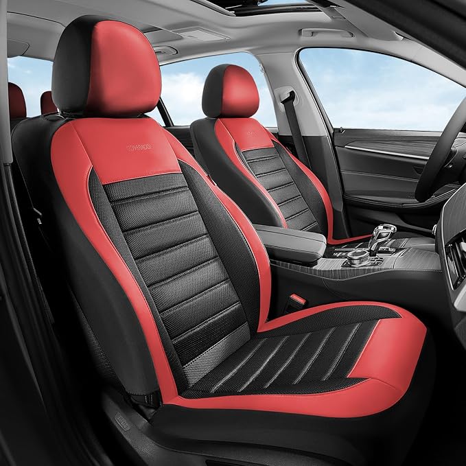 Coverado Car Seat Covers Full Set, Luxury Leather Car Seat Covers, Automotive Front and Rear Mesh Seat Covers, Full Set 5 Seats, Black Red Seat Covers for SUV Sedan Truck