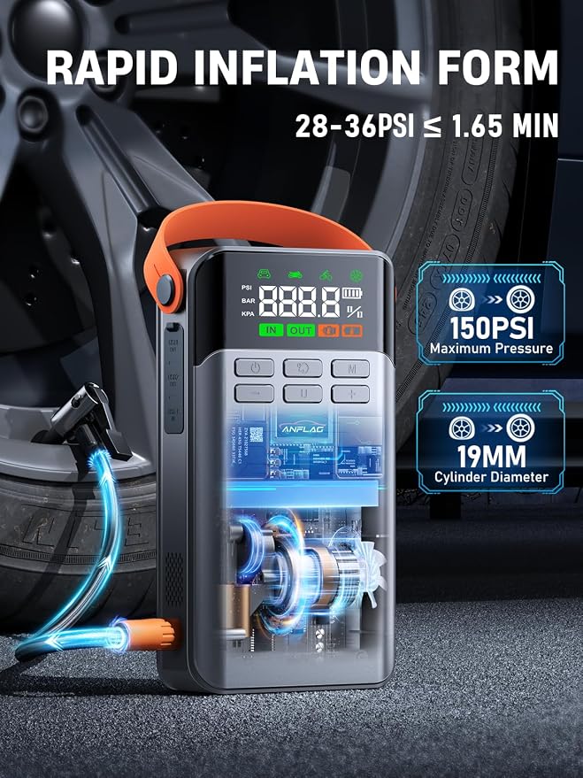 8-in-1 Car Jump Starter with Air Compressor – 5500A Peak, 150PSI Tire Inflator, 12V Portable Power Bank, LCD Display, and LED Flashlight for All Gas & 12.0L Diesel Engines