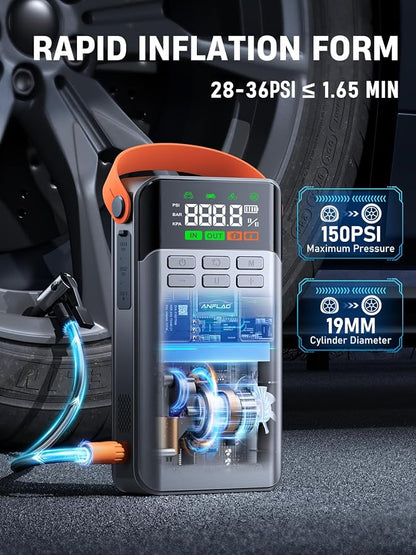 8-in-1 Car Jump Starter with Air Compressor – 5500A Peak, 150PSI Tire Inflator, 12V Portable Power Bank, LCD Display, and LED Flashlight for All Gas & 12.0L Diesel Engines