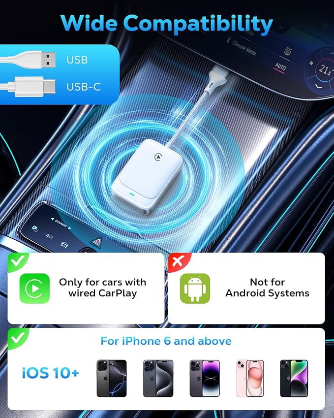 MoKo Wireless CarPlay Adapter for iPhone 2025, Converts Wired Car Play to Wireless Dongle, Plug and Play Fast Response Bluetooth CarPlay Adaptor for iPhone iOS 10+ & Cars with Built-in Car Play, White
