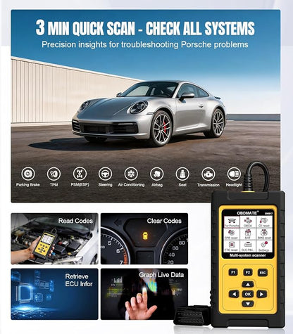 OBD2 Scanner for Porsche, OM817 Full System Diagnostic Tool, 10 Popular Reset Services, Read&Clear Codes, Auto VIN, Battery Test, One-Key I/M Readiness, No Subscriptions Lifetime Update