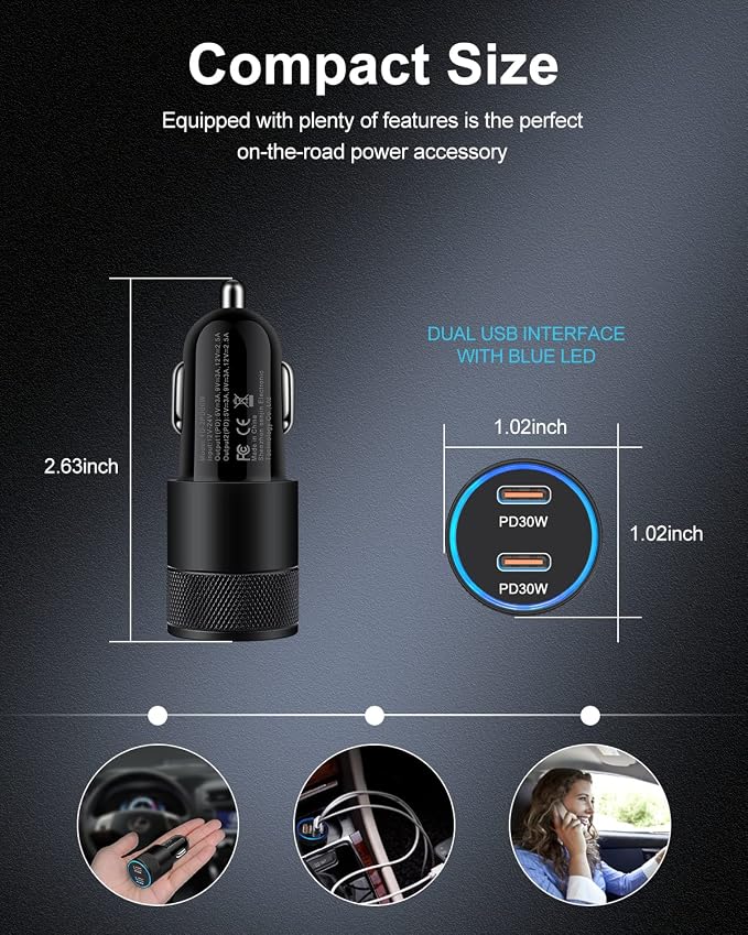 60W USB C Car Charger, 2 Pack AILKIN USB C Cigarette Lighter Adapter Fast Charging Dual Port PD3.0 Type C Car Charger Plug Compatible with iPhone 17 16 15 14 Pro Max Galaxy S26/S25/S24 Pixel 10 9Pro