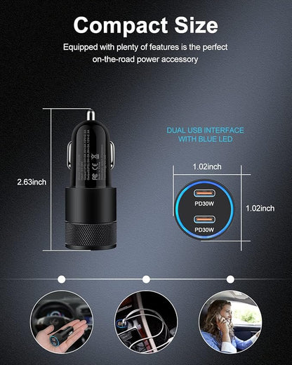 60W USB C Car Charger, Dual PD 3.0 Fast Charging Adapter Flush Fit Cigarette Lighter Plug for iPhone 17e 17 16 15 Pro Max 16e, Galaxy S26 S25 S24 Ultra S23, Google 10 9 Pro XL Type C Car Charger Block