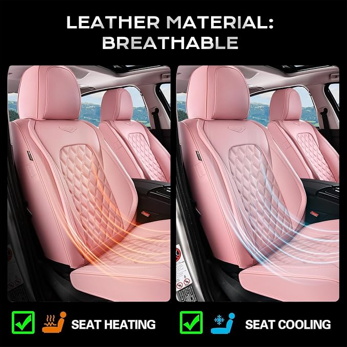 Coverado Full Set Car Seat Covers, Luxury Faux Leather Waterproof Seat Covers, Pink Car Seat Protectors, Universal Fit for Most Cars, Automotive Seat Covers-Pink