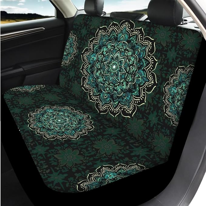 14 Pcs Green Mandala Car Seat Covers with Steering Wheel Cover,Seat Belt Covers Cup Holder with Keychain,Novelty Automotive Protector Set Universal Fit Cars SUV Truckss,Green