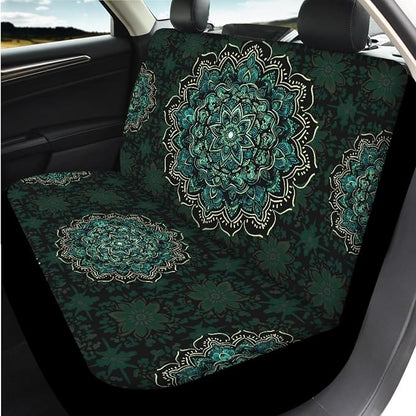 14 Pcs Green Mandala Car Seat Covers with Steering Wheel Cover,Seat Belt Covers Cup Holder with Keychain,Novelty Automotive Protector Set Universal Fit Cars SUV Truckss,Green