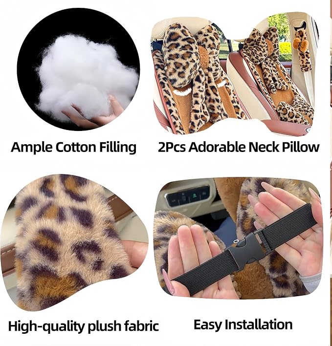 Car Neck Pillow 2PCS Plush Bowknot Car Headrest Pillow – Comfortable Neck Support for Driving Soft Touch Fabric Car Pillow Cute Interior Decor (Leopard)